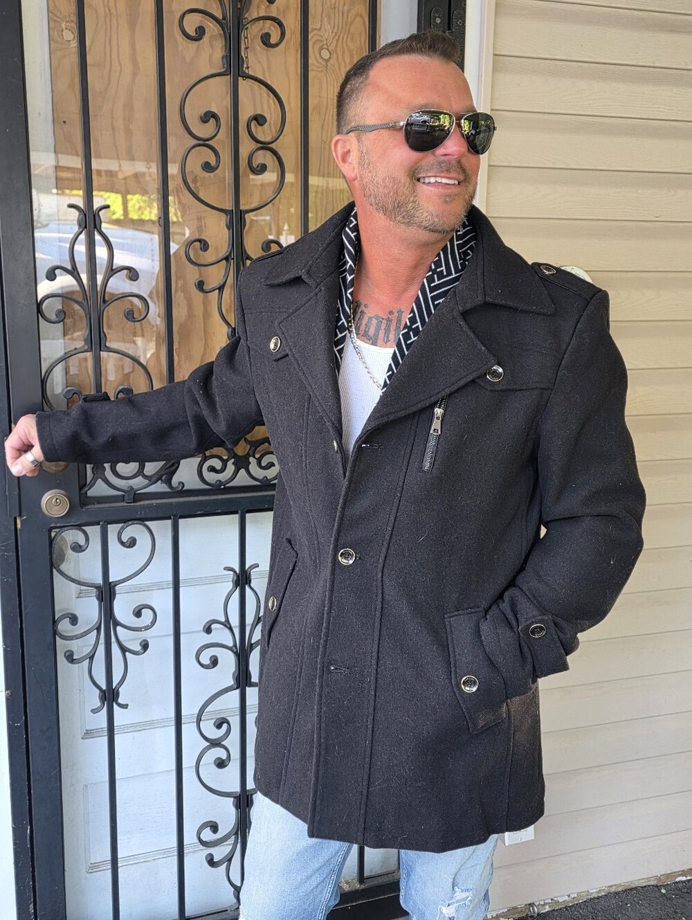 Men's Black Wool-Blend Peacoat Jacket